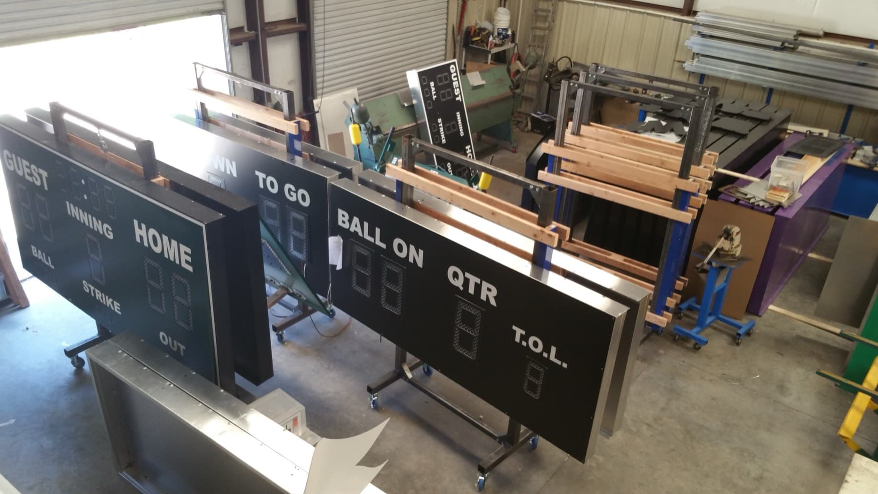Major Display scoreboards under construction on the floor of the company's Western North Carolina manufacturing facility