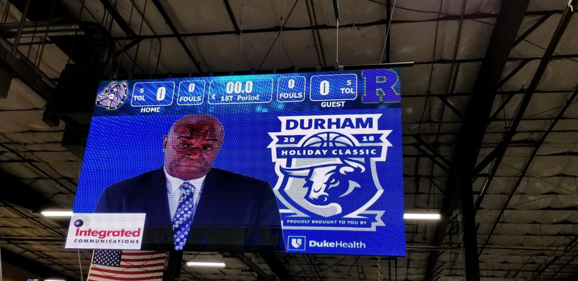 A Major Display video board running a sponsored game-day intro for the Durham Holiday Classic