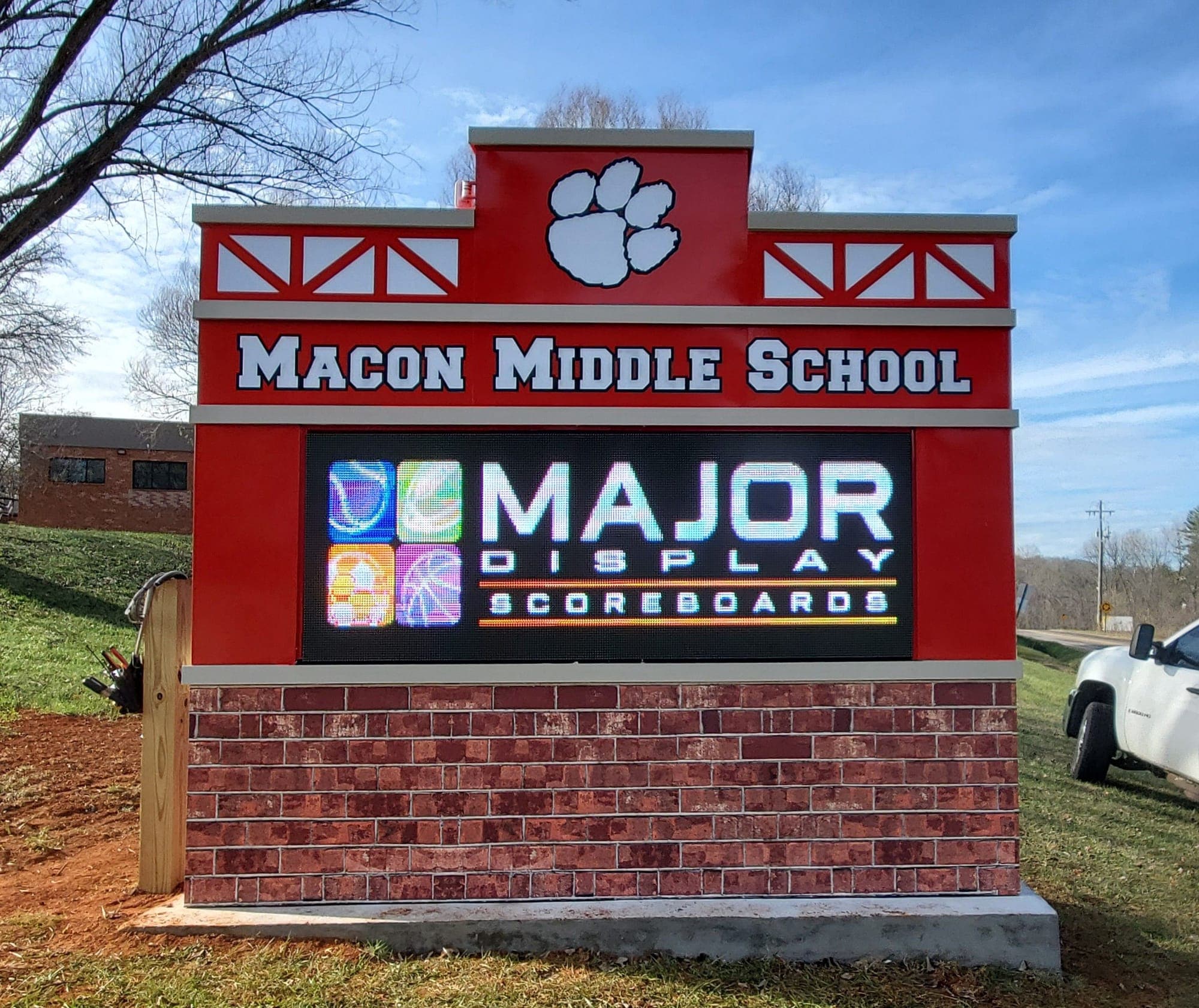 LED Signage: Programmable LED marquees and wall signs on stone-and-brick monuments that look permanent.