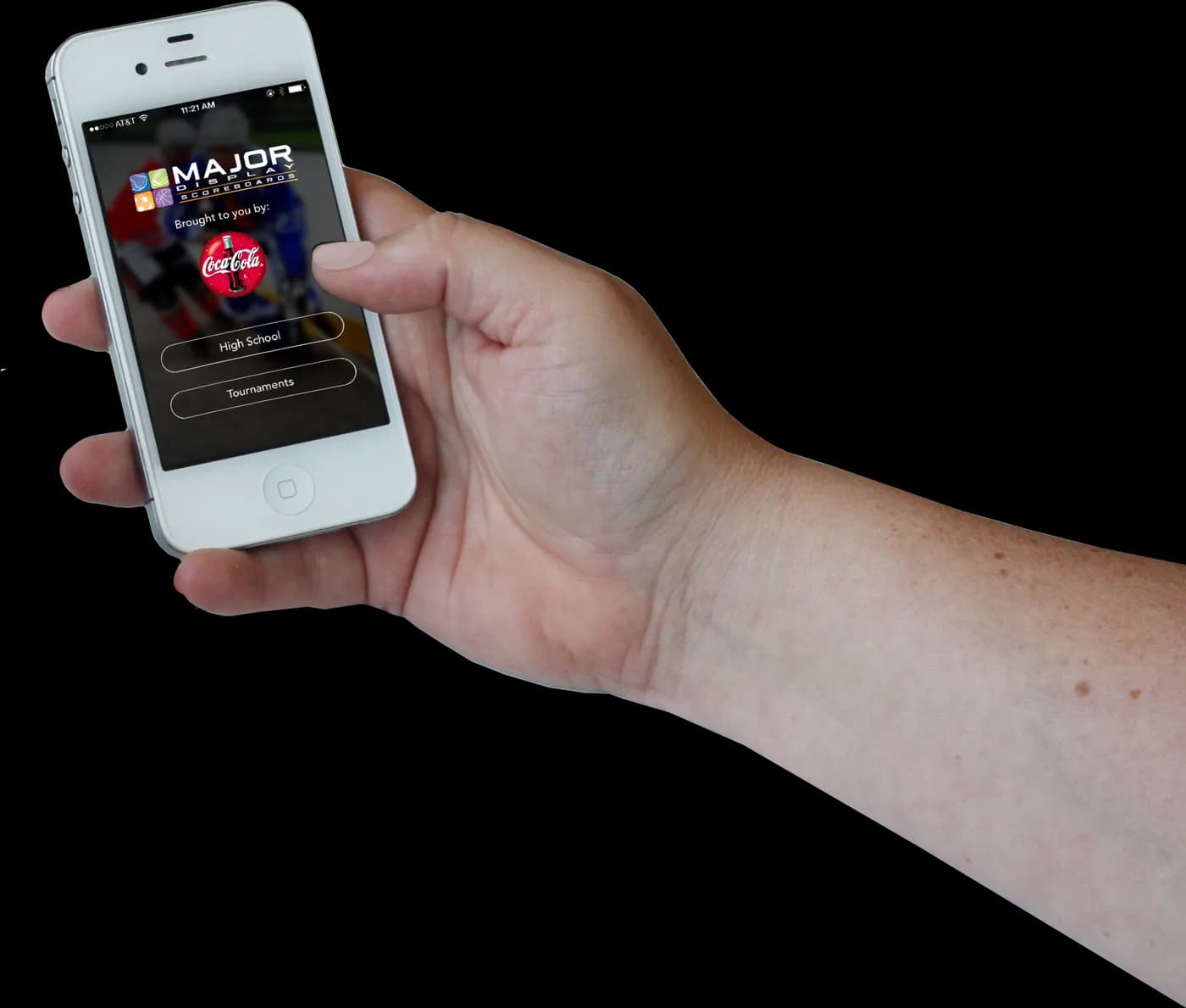 A phone in hand running the Major Display live scores app, with a sponsor message on the home screen