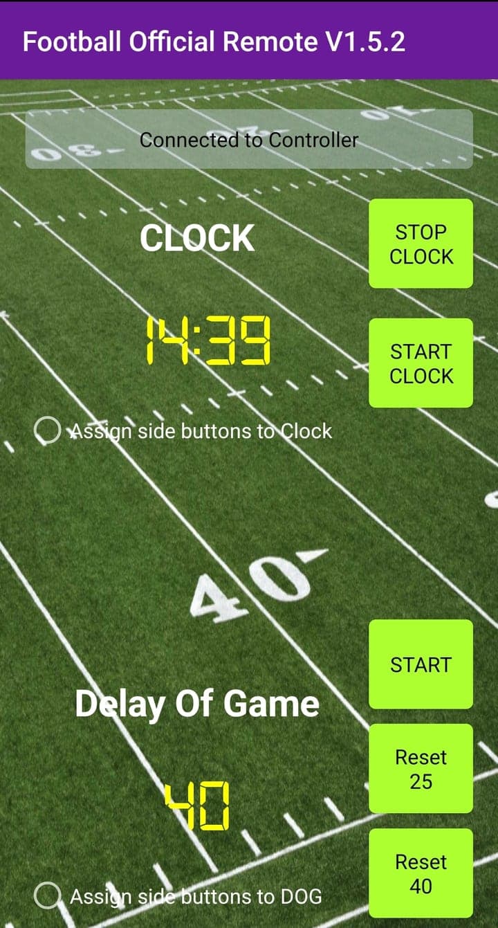 The Football Official Remote app, with game clock and delay-of-game controls