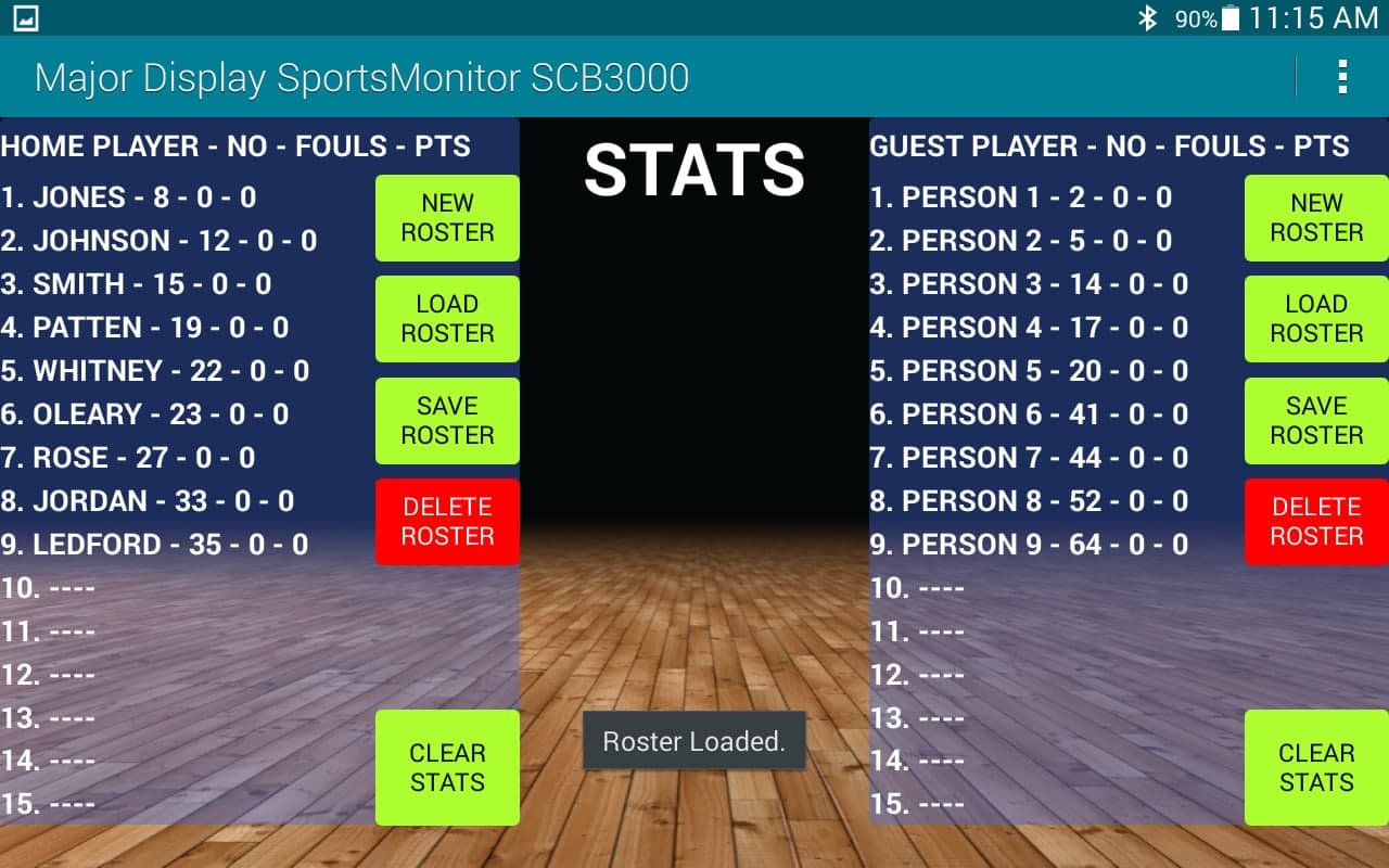 The SCB3000 stats screen: home and guest rosters with player numbers, fouls, and points, and buttons to load, save, and clear rosters