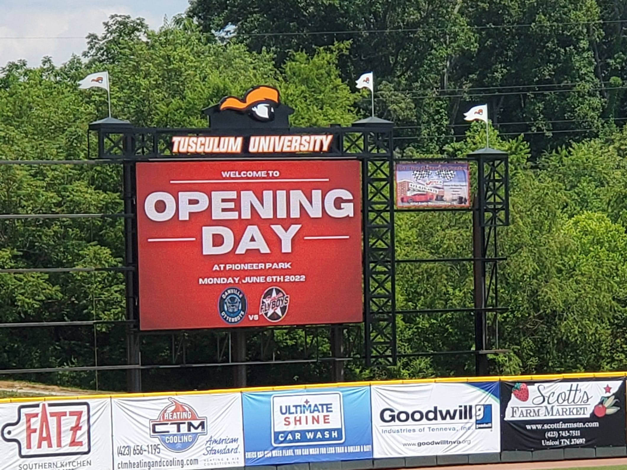 Tusculum University: Full-color outfield board with live production.